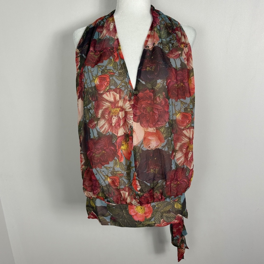 Haute Hippie 100% Silk Floral Halter Top Tie Waist Bohemian Boho Blouse Sz Small